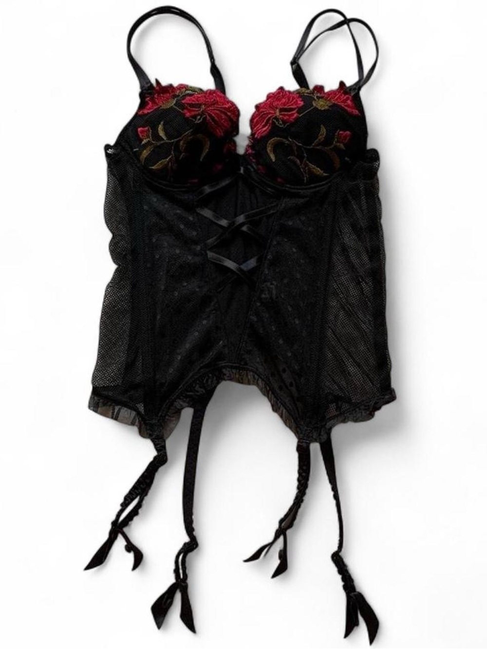 Lise Charmel Black Mesh Red Rose Embroidered Lingerie Bustier Corset Size 32C